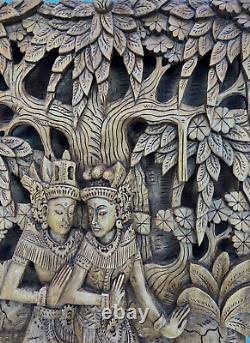 Vintage Balinese Carved Wood Sculpture Wall Panel Rama & Sita