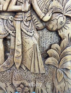 Vintage Balinese Carved Wood Sculpture Wall Panel Rama & Sita