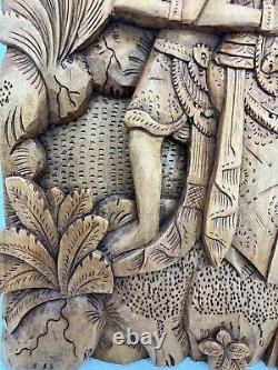 Vintage Balinese Carved Wood Sculpture Wall Panel Rama & Sita