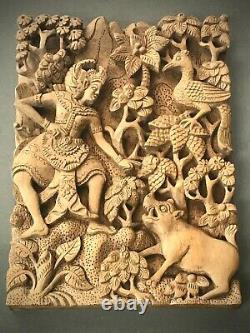 Vintage Balinese Wood Panel, Hand-carved. Scene From A Mythological Epic Poem