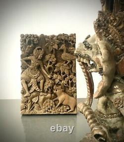 Vintage Balinese Wood Panel, Hand-carved. Scene From A Mythological Epic Poem