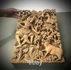 Vintage Balinese Wood Panel, Hand-carved. Scene From A Mythological Epic Poem