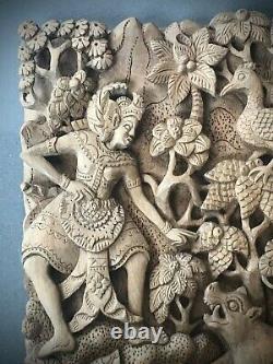 Vintage Balinese Wood Panel, Hand-carved. Scene From A Mythological Epic Poem