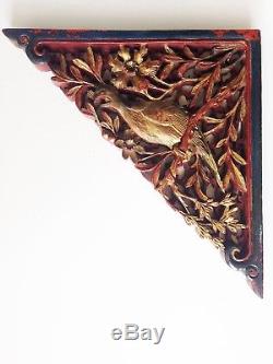 Vintage CHINESE RELIEF CARVED GILT WOOD PANELS Birds & Flowers Red Lacquer Back