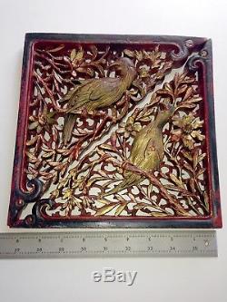 Vintage CHINESE RELIEF CARVED GILT WOOD PANELS Birds & Flowers Red Lacquer Back