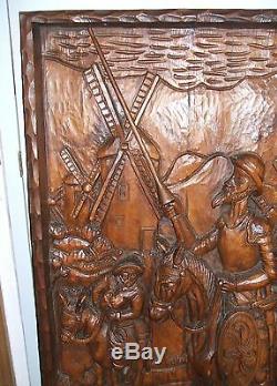Vintage Carved Don Quixote & Sancho Panza Wood Panel Frieze