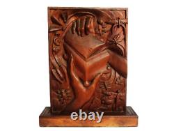 Vintage Carved Wood Panel Hands & Box of Insects Dragonfly Moth Teak Sculpture