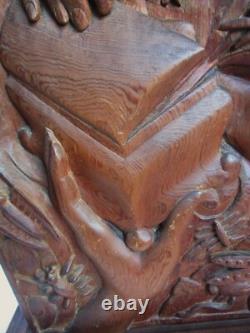 Vintage Carved Wood Panel Hands & Box of Insects Dragonfly Moth Teak Sculpture