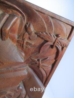 Vintage Carved Wood Panel Hands & Box of Insects Dragonfly Moth Teak Sculpture