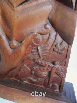 Vintage Carved Wood Panel Hands & Box of Insects Dragonfly Moth Teak Sculpture