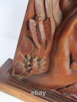 Vintage Carved Wood Panel Hands & Box of Insects Dragonfly Moth Teak Sculpture