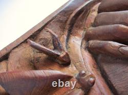 Vintage Carved Wood Panel Hands & Box of Insects Dragonfly Moth Teak Sculpture
