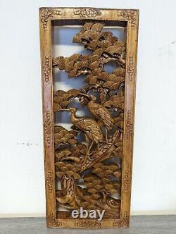 Vintage Carved Wood Wall Art Panel Asian Home Decor Brown Extra Thick Crane