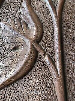 Vintage Carved Wooden Panel Hanging Plaque Floral Grasses Design, 20.5 x 38cm