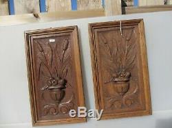 Vintage Carved Wooden Panels Plaques Antique Old Wood Bouquet Flowers Fruit Old