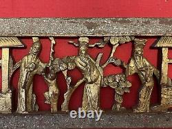 Vintage Chinese 3 Longvity Fu Lu Shou Hand Carved Gold Gilt Wood Panel. 18.5