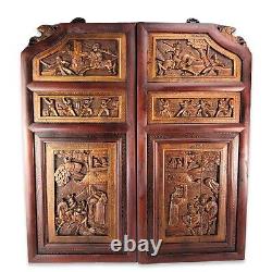 Vintage Chinese Carved Door Panels Lacquer Wood Wall Panel Art 33 Tall 3D