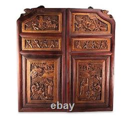 Vintage Chinese Carved Door Panels Lacquer Wood Wall Panel Art 33 Tall 3D