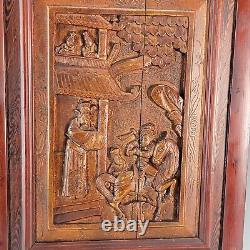 Vintage Chinese Carved Door Panels Lacquer Wood Wall Panel Art 33 Tall 3D