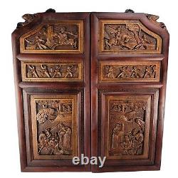 Vintage Chinese Carved Door Panels Lacquer Wood Wall Panel Art 33 Tall 3D