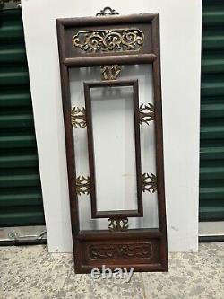 Vintage Chinese Carved Intricate Wood Gold Brass Hanging Wall Panel Floral Leaf