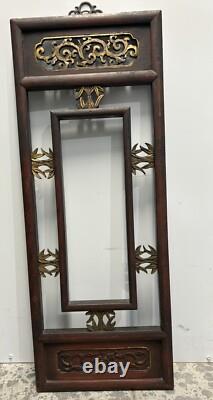 Vintage Chinese Carved Intricate Wood Gold Brass Hanging Wall Panel Floral Leaf