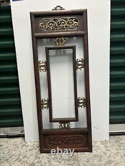 Vintage Chinese Carved Intricate Wood Gold Brass Hanging Wall Panel Floral Leaf