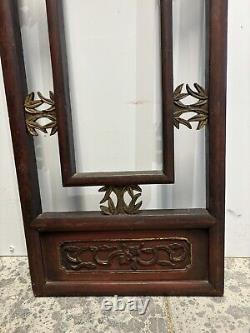 Vintage Chinese Carved Intricate Wood Gold Brass Hanging Wall Panel Floral Leaf