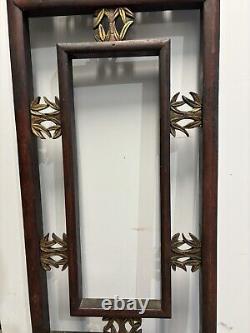 Vintage Chinese Carved Intricate Wood Gold Brass Hanging Wall Panel Floral Leaf