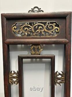 Vintage Chinese Carved Intricate Wood Gold Brass Hanging Wall Panel Floral Leaf