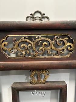 Vintage Chinese Carved Intricate Wood Gold Brass Hanging Wall Panel Floral Leaf