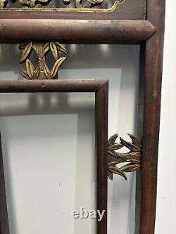 Vintage Chinese Carved Intricate Wood Gold Brass Hanging Wall Panel Floral Leaf