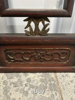 Vintage Chinese Carved Intricate Wood Gold Brass Hanging Wall Panel Floral Leaf