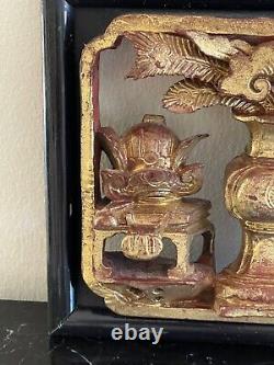 Vintage Chinese Carved Wood Relief Gilt Floral Arrangements Design Panel