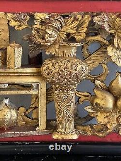 Vintage Chinese Carved Wood Relief Gilt Floral Design Panel