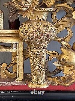 Vintage Chinese Carved Wood Relief Gilt Floral Design Panel