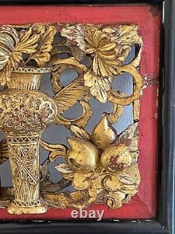 Vintage Chinese Carved Wood Relief Gilt Floral Design Panel