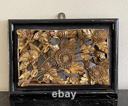 Vintage Chinese Carved Wood Relief Gilt Fruit Flowers and Bird Scenes Panel