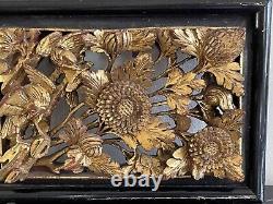 Vintage Chinese Carved Wood Relief Gilt Fruit Flowers and Bird Scenes Panel