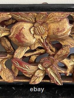 Vintage Chinese Carved Wood Relief Gilt Fruits and Bird Scenes Panel