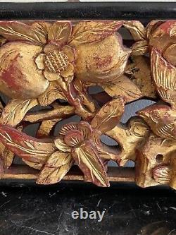Vintage Chinese Carved Wood Relief Gilt Fruits and Bird Scenes Panel