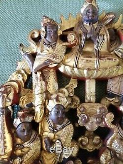 Vintage Chinese Deep Relief Gold Gilt Carved Wood Panel Stand