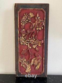 Vintage Chinese Exquisite Carved Wood Flowers and Bird Panel
