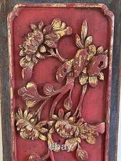 Vintage Chinese Exquisite Carved Wood Flowers and Bird Panel