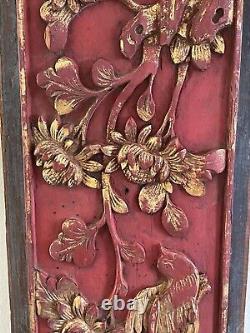 Vintage Chinese Exquisite Carved Wood Flowers and Bird Panel