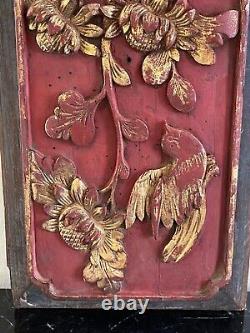 Vintage Chinese Exquisite Carved Wood Flowers and Bird Panel