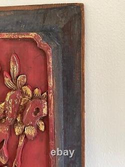 Vintage Chinese Exquisite Carved Wood Flowers and Bird Panel