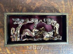 Vintage Chinese Exquisite Carved Wood Gilded Blooming Trees and Deer Panel