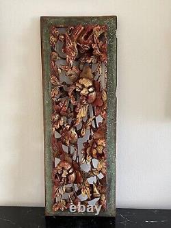 Vintage Chinese Exquisite Carved Wood Gilded Flowers and Birds Panel