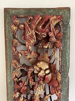 Vintage Chinese Exquisite Carved Wood Gilded Flowers and Birds Panel